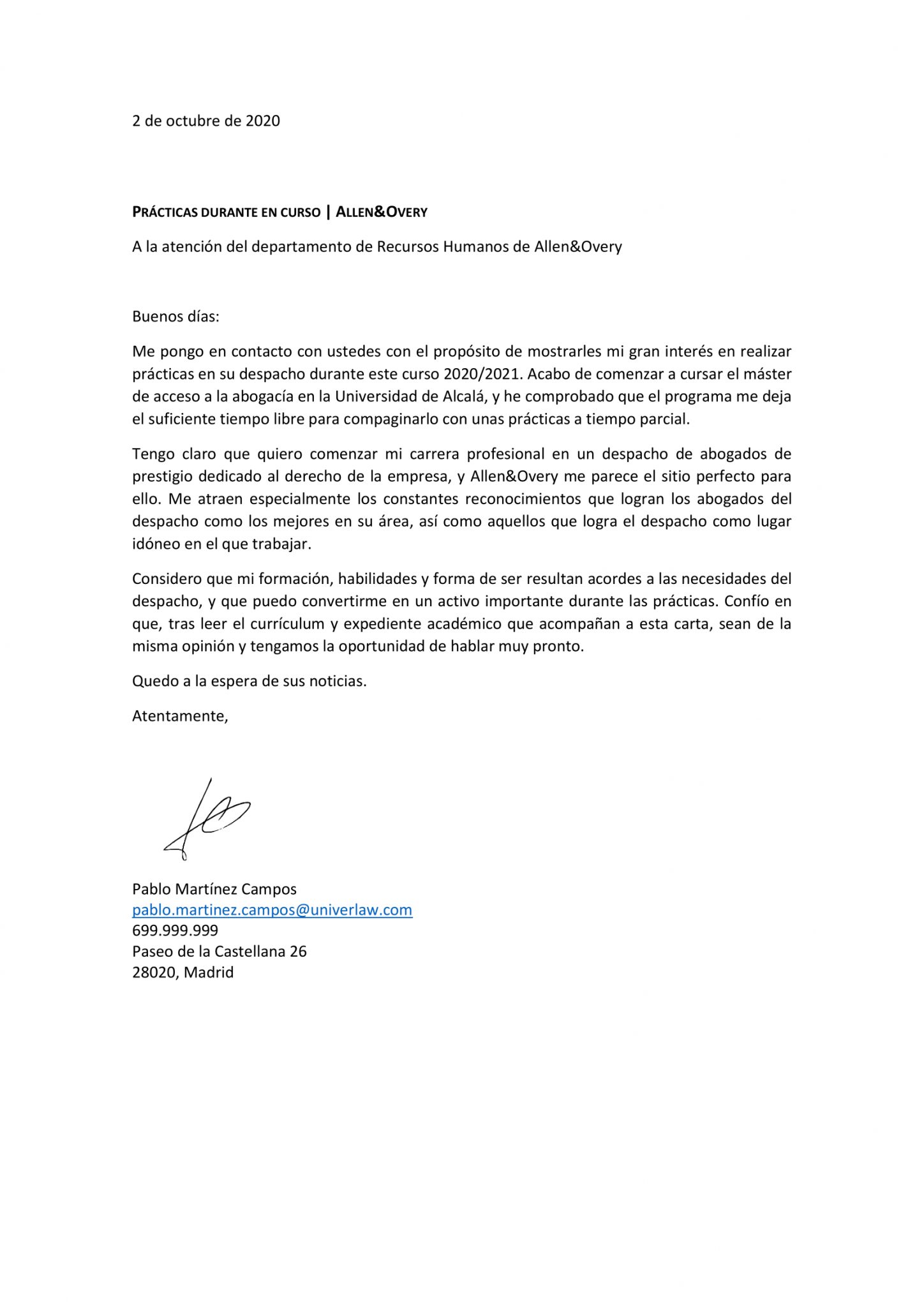 Carta de presentación - Univerlaw España