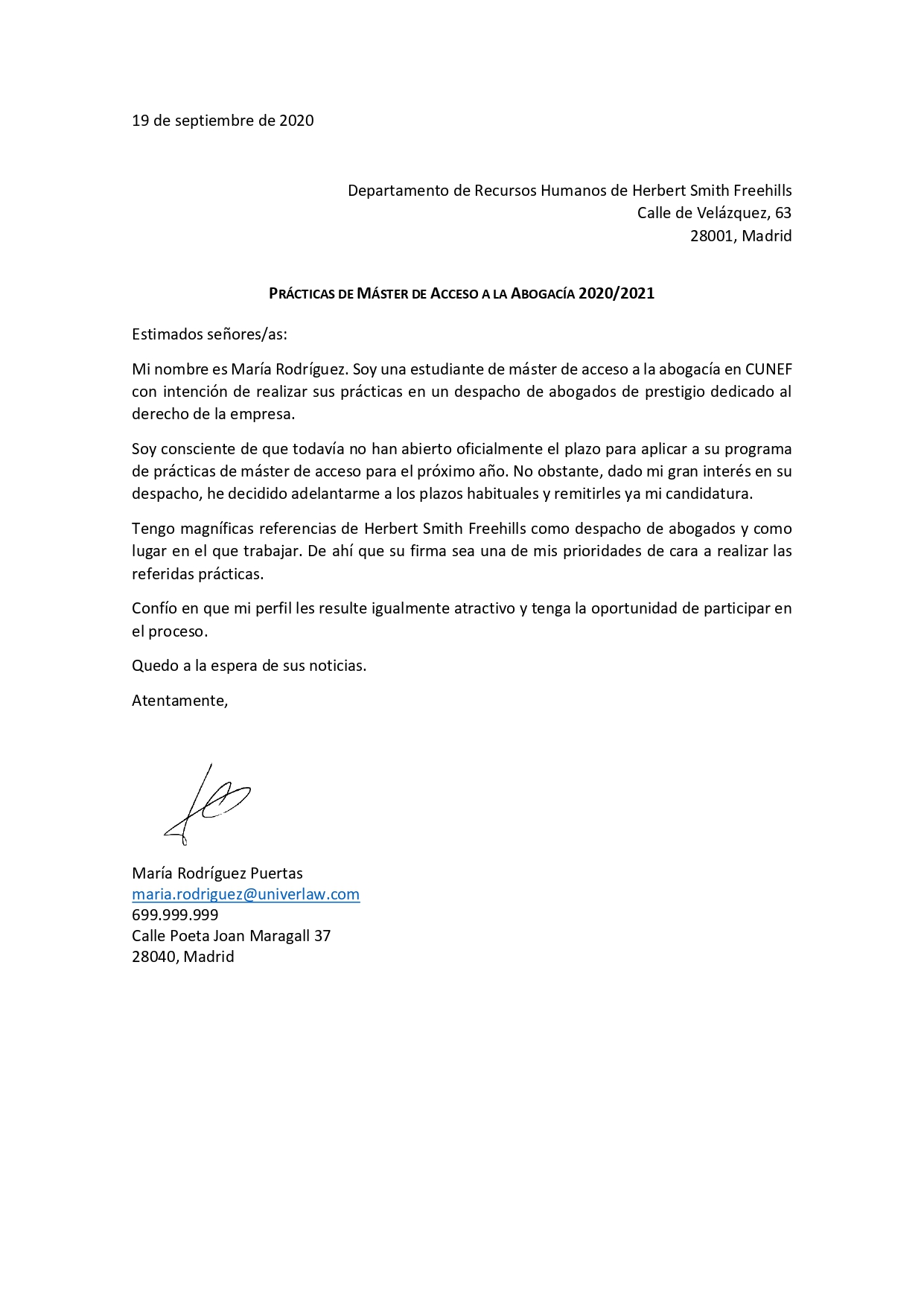 Carta de presentación - Univerlaw España