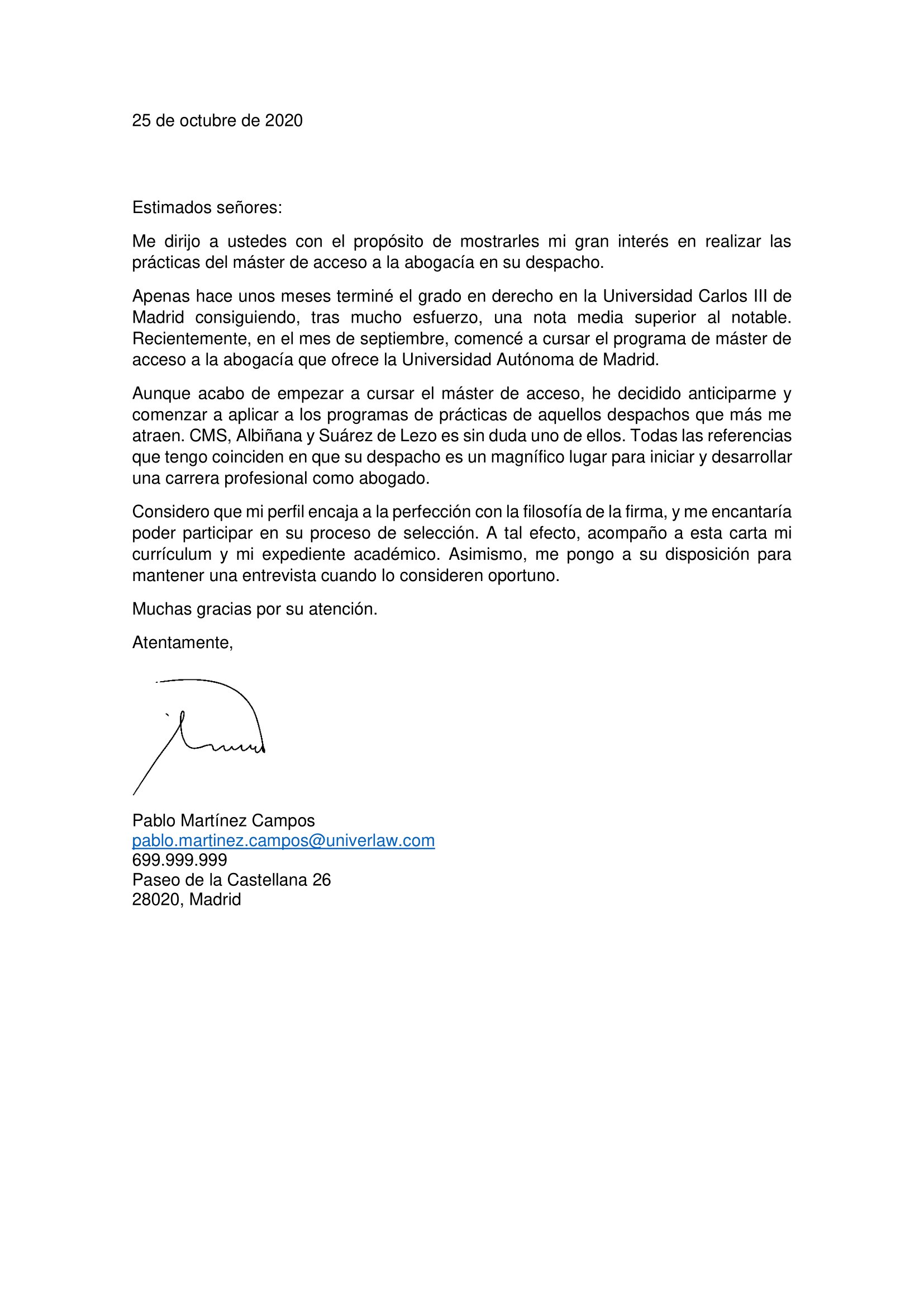 Carta de presentación  Univerlaw España